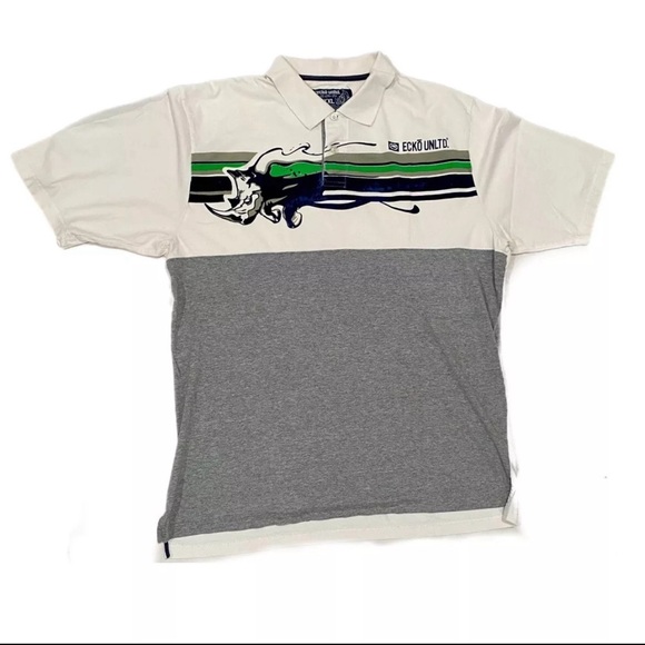 ECKO UNLTD Mens Size XXL White Gray 100% Cotton Graphic Polo Shirt Collared - Picture 1 of 7